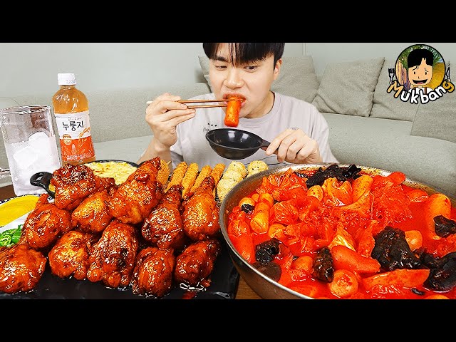 ASMR MUKBANG | Spicy Mala Tteokbokki, Crispy Honey Combo Fried Chicken korean food recipe ! eating class=