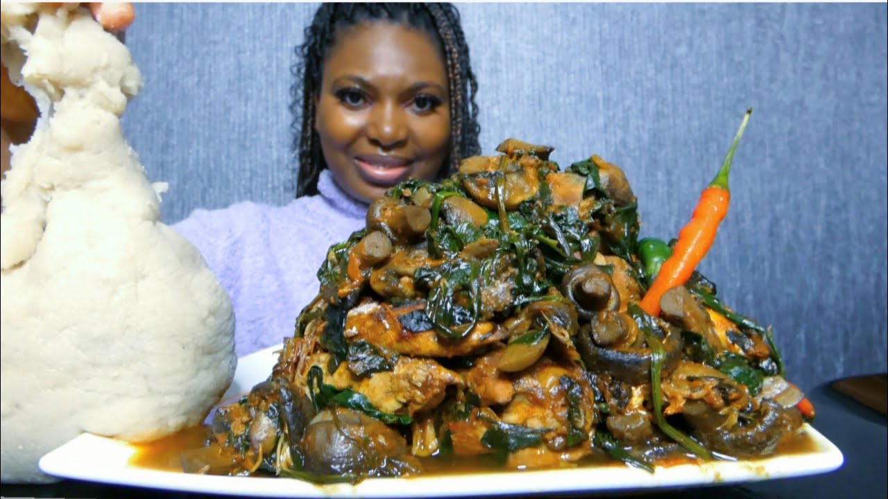 Asmr mukbang muchroom spinach soup with fufu