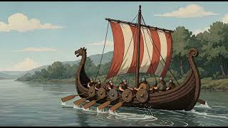 Row, row, row your boat, viking animation rowing on a river