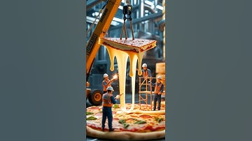 Hyper-realistic macro shot of tiny construction workers#world #pizza