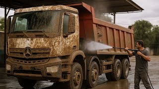 Washing the muddiest Benz dump truck ever !!!😱