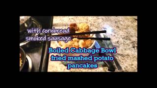 Fried Mashed Potato Cakes Boiled Cabbage Soul Food snack bowl
