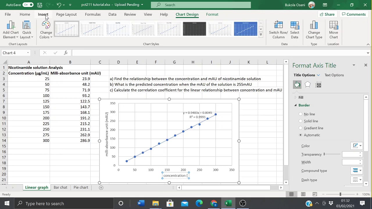 Plotting a linear graph using Microsoft Excel - YouTube