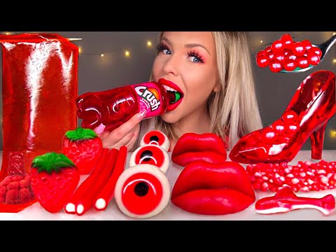 ASMR *RED FOOD* CINDERELLA GLASS SLIPPER, SODA BOTTLE, LIL NITRO GUMMY BEAR SOUR CHERRIES MUKBANG 먹방