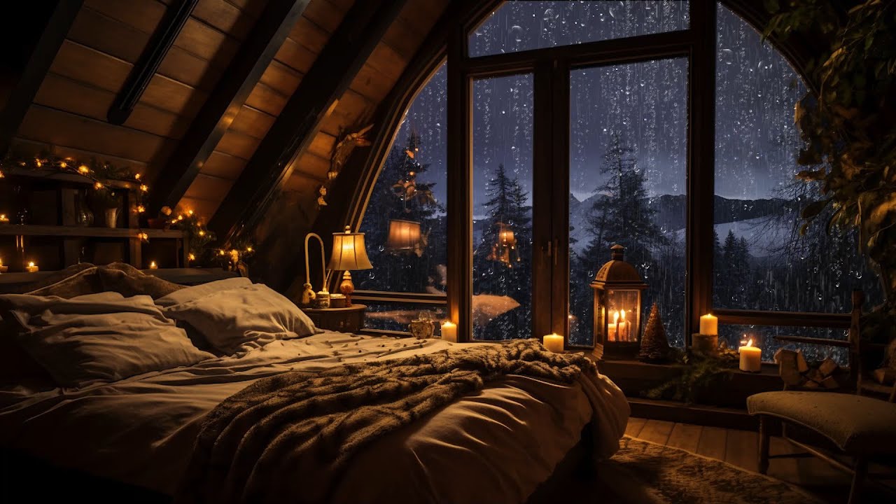 Cozy Cabin Ambience with Gentle Night Rain 💧 Rain & Fireplace Sounds ...