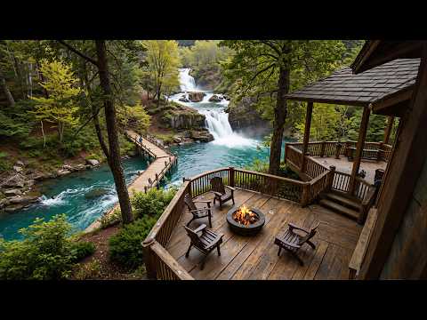The Most Soothing Piano Music Riverside Porch Waterfall 🌊🌿 Campfire & Birds Songs Ambience