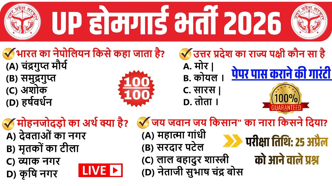 UP Home Guard GK 100 Golden Questions 🔥 UP Home Guard GK GS Questions, UP Home Guard Classes 2026