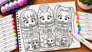 Rumi, Zoey, Mira Markers & Glitter pens FanArt Tutorial K-pop Demon Hunters Chibi Style 