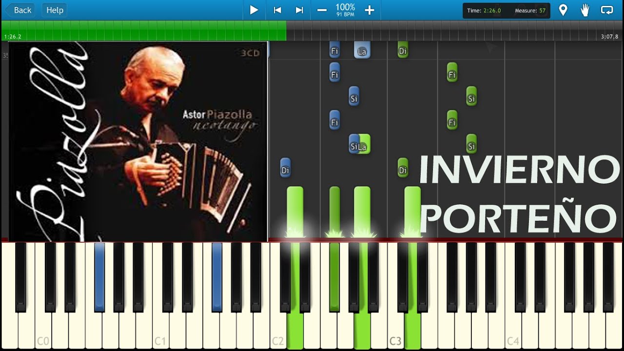 Piazzolla - Invierno Porteño - Piano tutorial  + Partitura