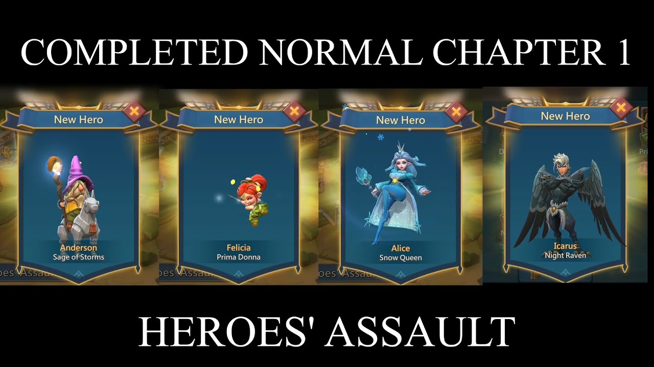 Hero Stage Normal 1-1 to 1-18 (Complete Chapter 1 Heroes' Assault) using F2P heroes with 3 crowns