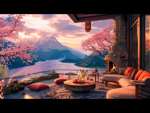 Smooth Jazz Piano Music on a Cozy Spring Terrace Morning with Relaxing Fireplace Sounds Ambience