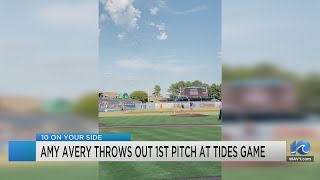 Amy Avery throws out first pitch at Tides game