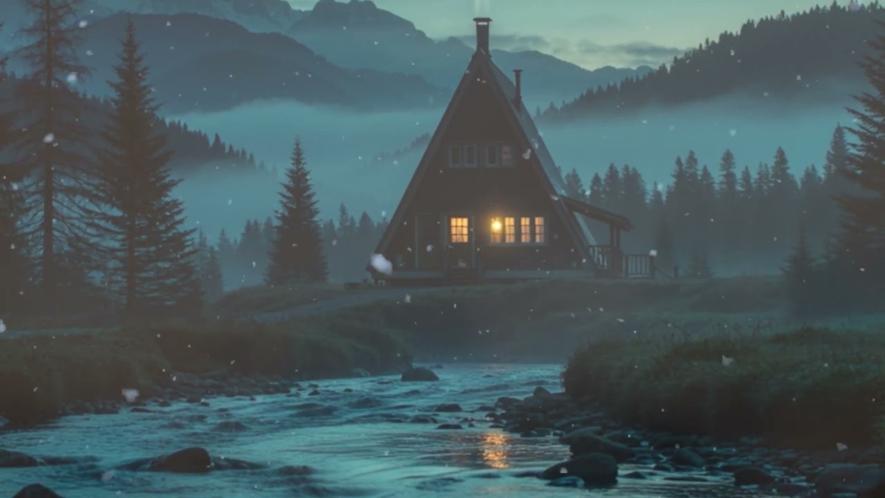 Night Falls Over a Remote Cabin by the River, Surrounded by Fog, Pines, and Complete Stillness