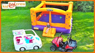 Rescuing stuck ice cream truck with kids off road truck. Educational bouncy houses | Kid Crew
