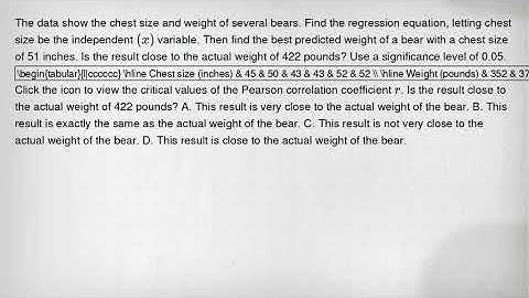 The data show the chest size and weight of several bears. Find the regression equation, letting ches