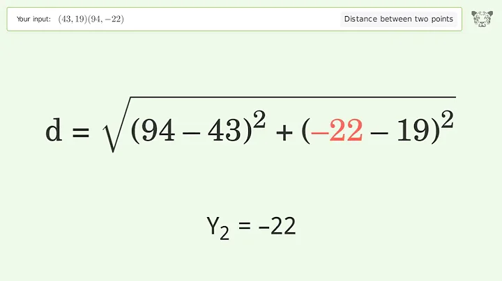 Find the distance between two points p1 (43,19) and p2 (94,-22): Step-by-Step Video Solution