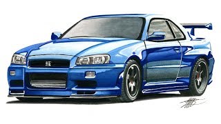 Realistic Car Drawing - Nissan Skyline R34 - Time Lapse