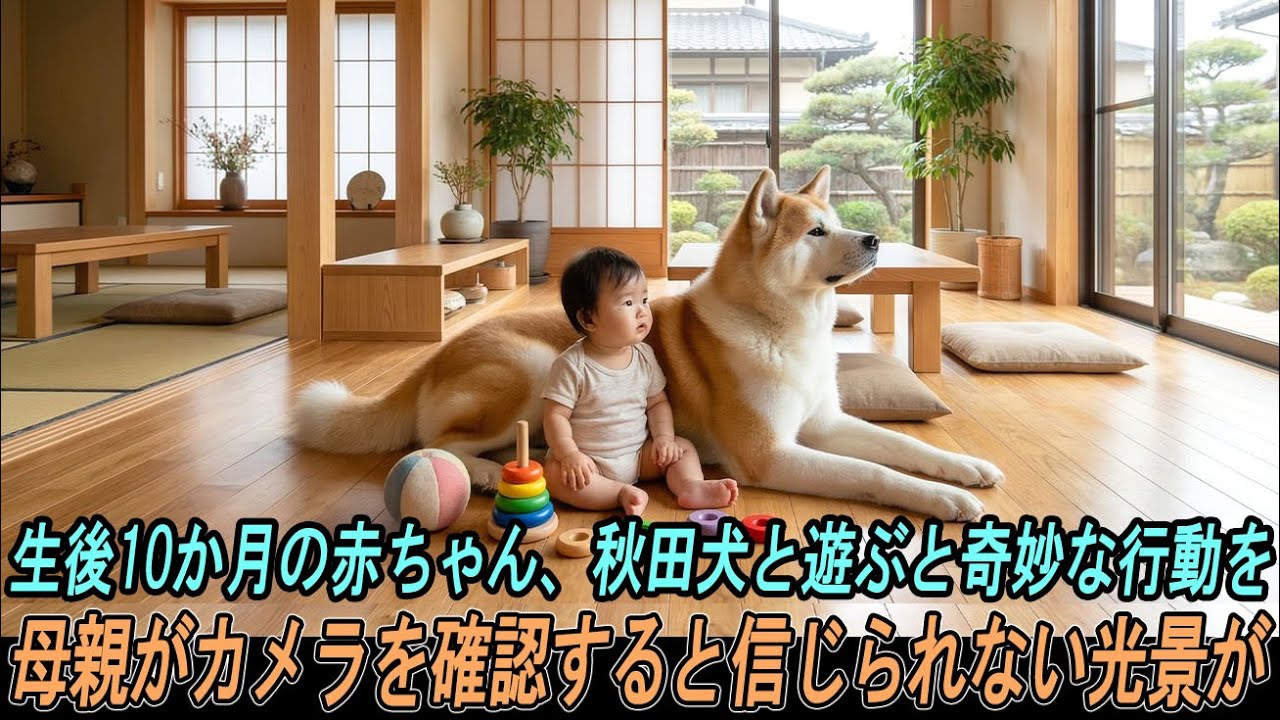 生後10か月の赤ちゃんが、秋田犬と遊んでいるときに奇妙な行動を…！母親がカメラを確認した瞬間、信じられない光景が映っていた！