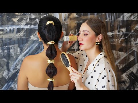 ASMR Flawless Bubble Braid Ponytail with Gold Cuffs Hairstyle | Brushing Spray Triggers Soft Spoken