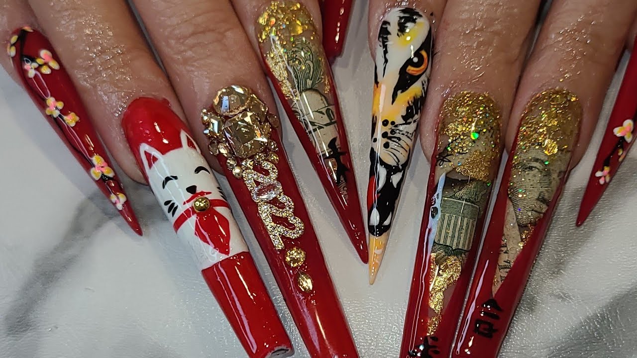 3 week fill | Change design on Acrylic Nails |Lunar New Year @LovelyMimi -  YouTube