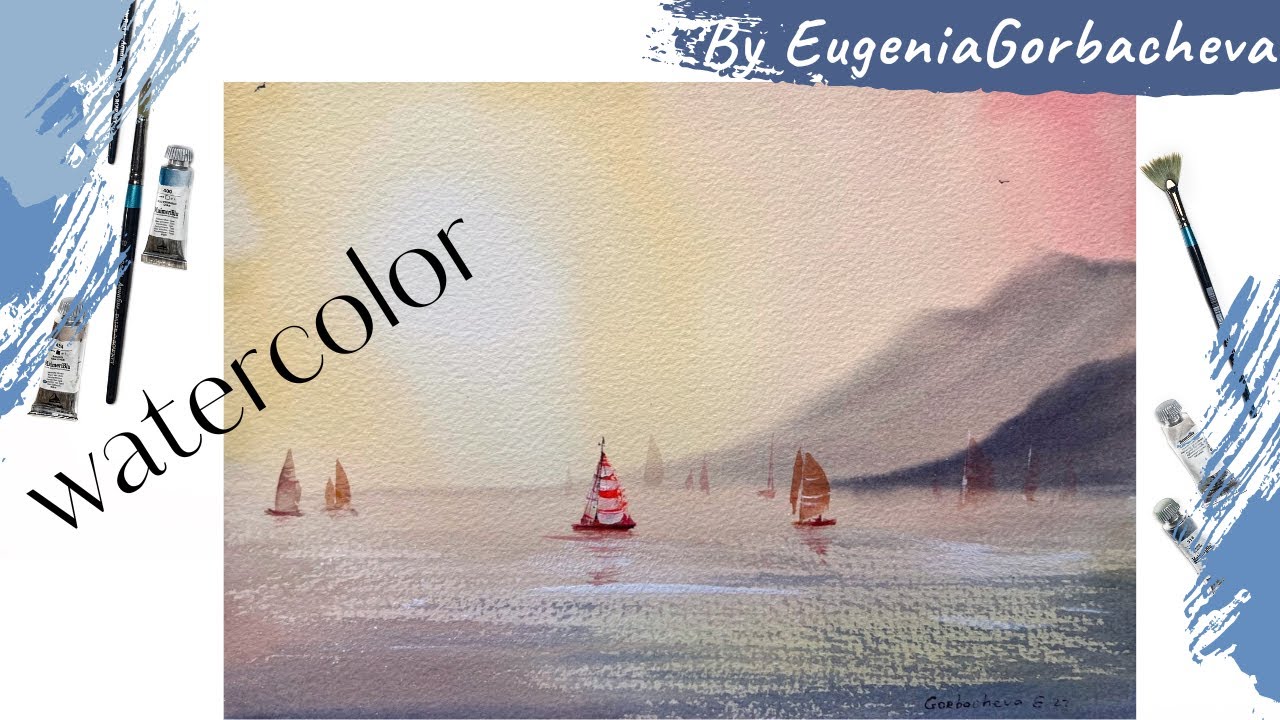 Акварельная картина за 10 минут | Как нарисовать море и яхты | Красные ...