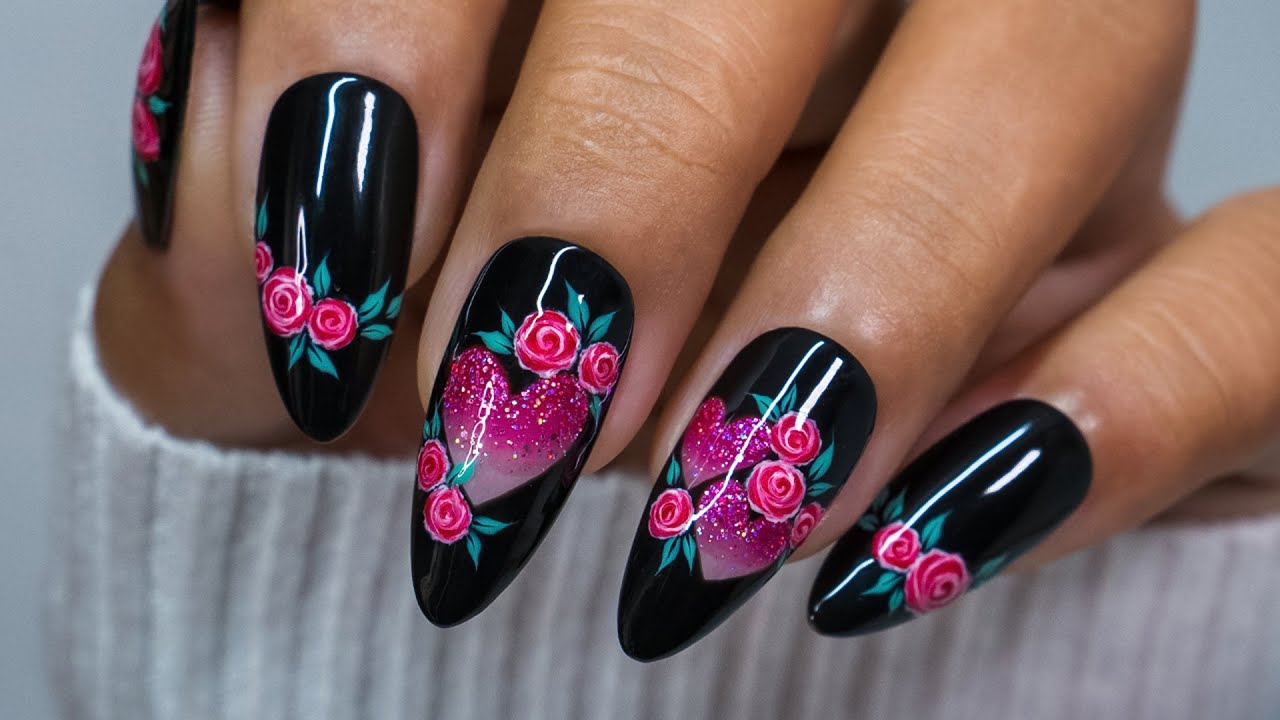 🌹Classic Rose Nail Art with Glitter Heart | Full Tutorial