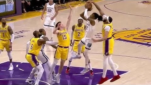 Anthony Davis snatch blocks Ja Morant from behind and leads to LeBron James bucket