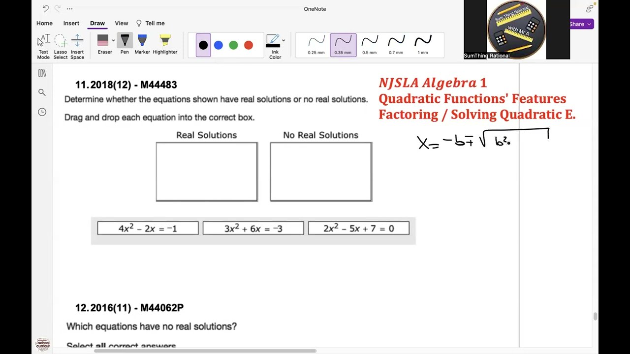 NJSLA Released Items Algebra 1 Quadratic Functions Features and Solving Quadratic Equations 34