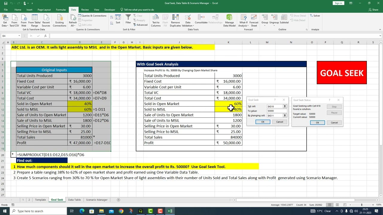 Goal Seek, Data Table and Scenario Manager