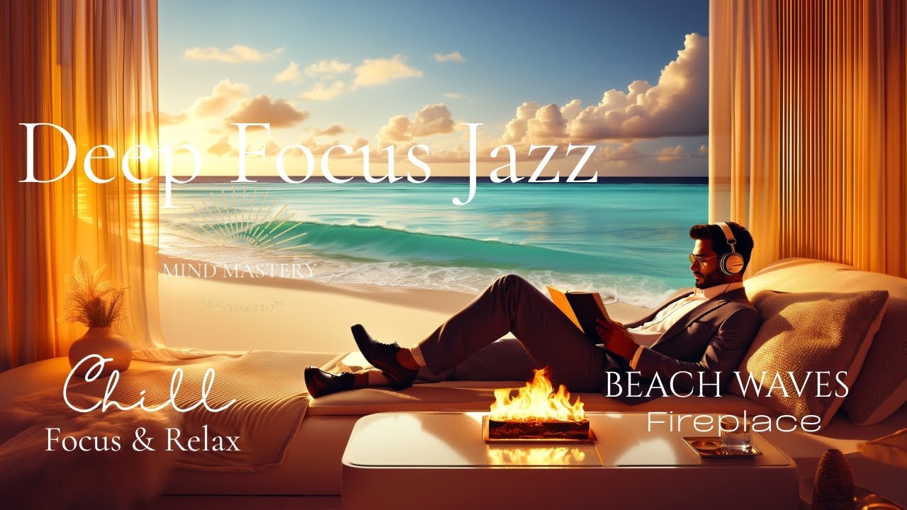 Deep Work: 1 Hour Beach Office Ambience | Deep House Jazz, Waves & Fireplace