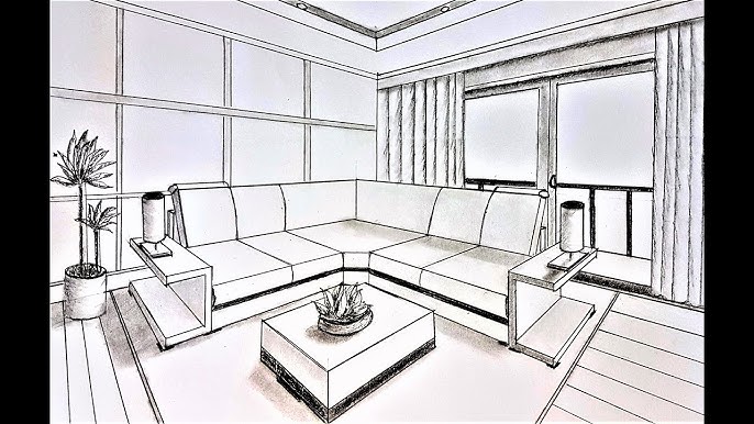 Living Room In 1 Point Perspective