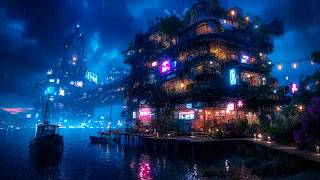 Ambient Cyberpunk - Rainy Neon Waterfront Sanctuary | Deep Rainy Ambience for Focus & Sleep | 4k