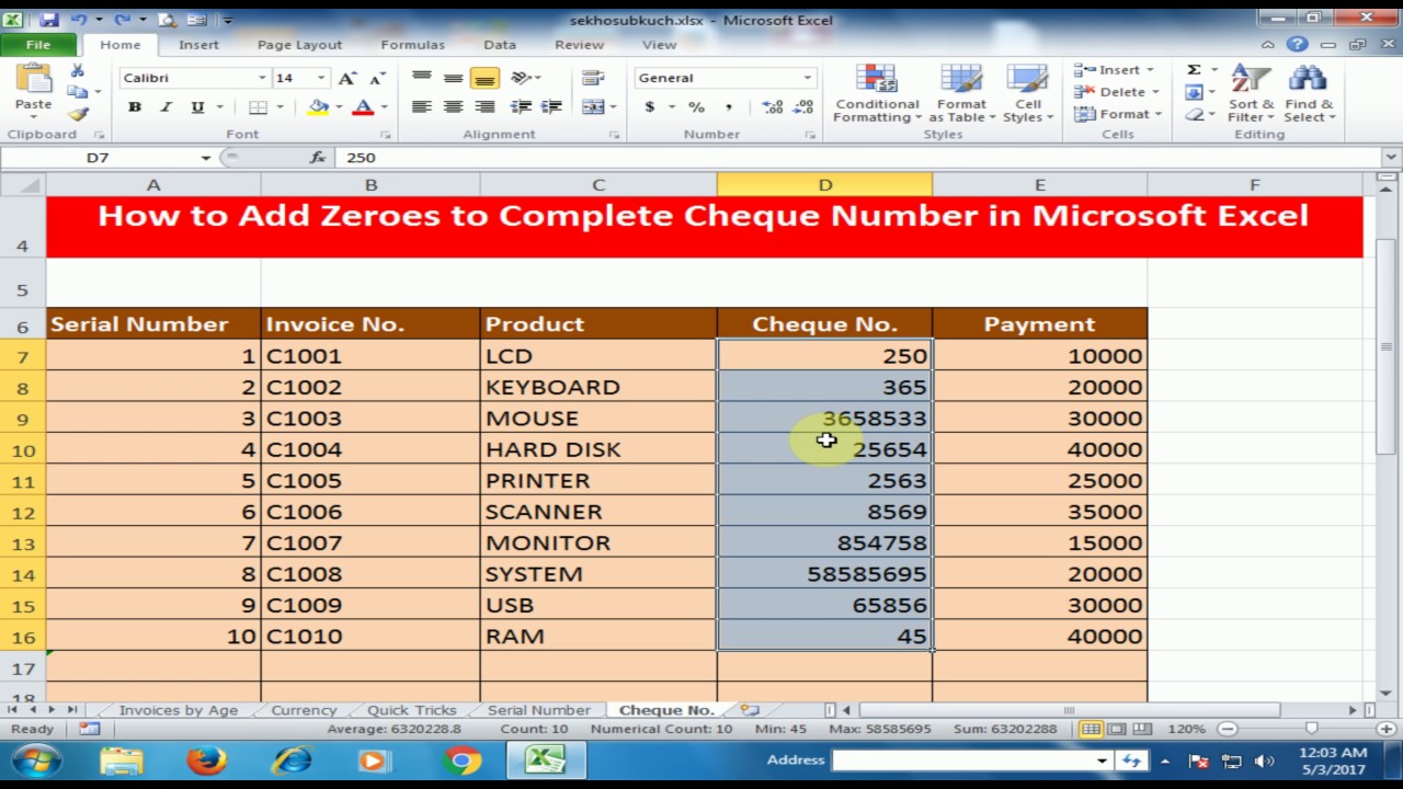 How to Add Zeroes to Complete Cheque Number in Microsoft Excel : Excel ...