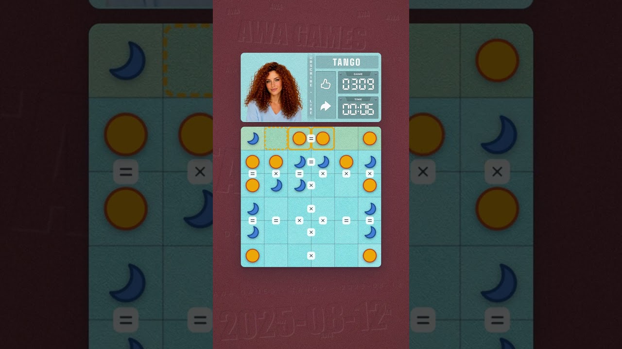 LinkedIn Tango #309 solved board for August 12, 2025, 6x6 grid