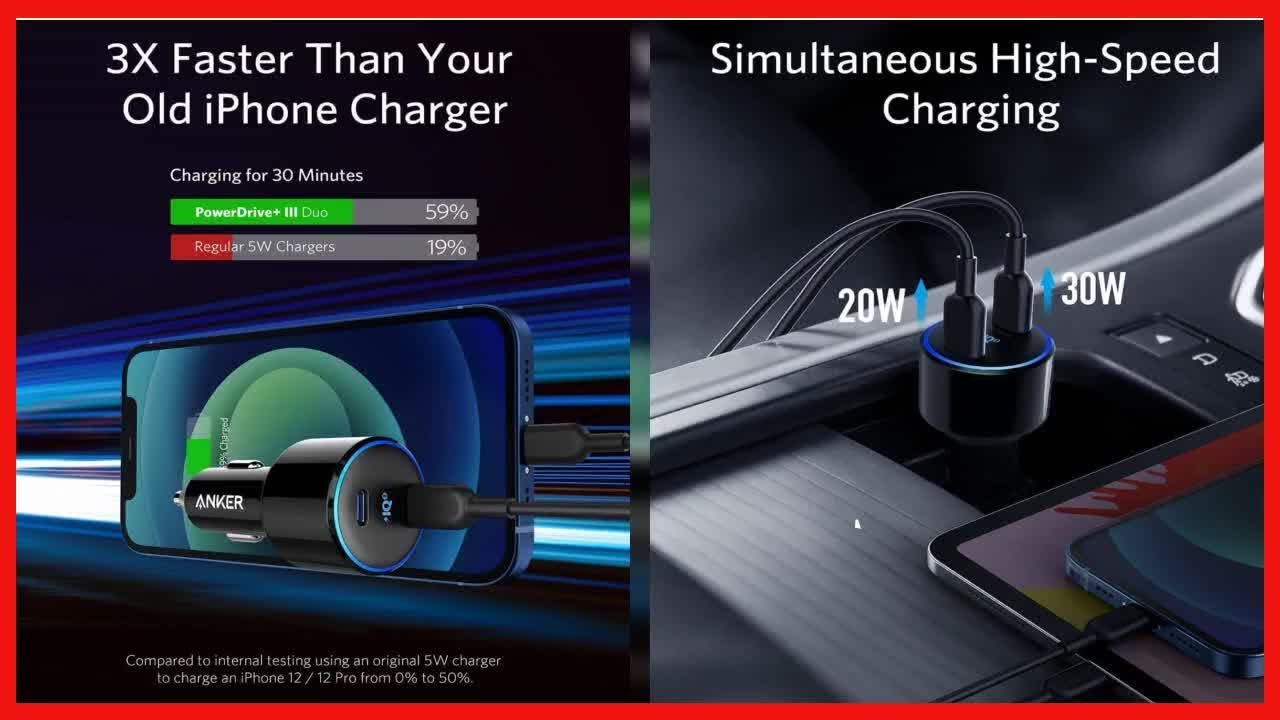 Anker USB C Car Charger, 50W 2Port PIQ 3.0 Fast Charger Adapter, PowerDrive+ III Duo YouTube