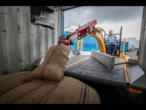 Unloading coffee bags by unique Cargopicker. English subtitled