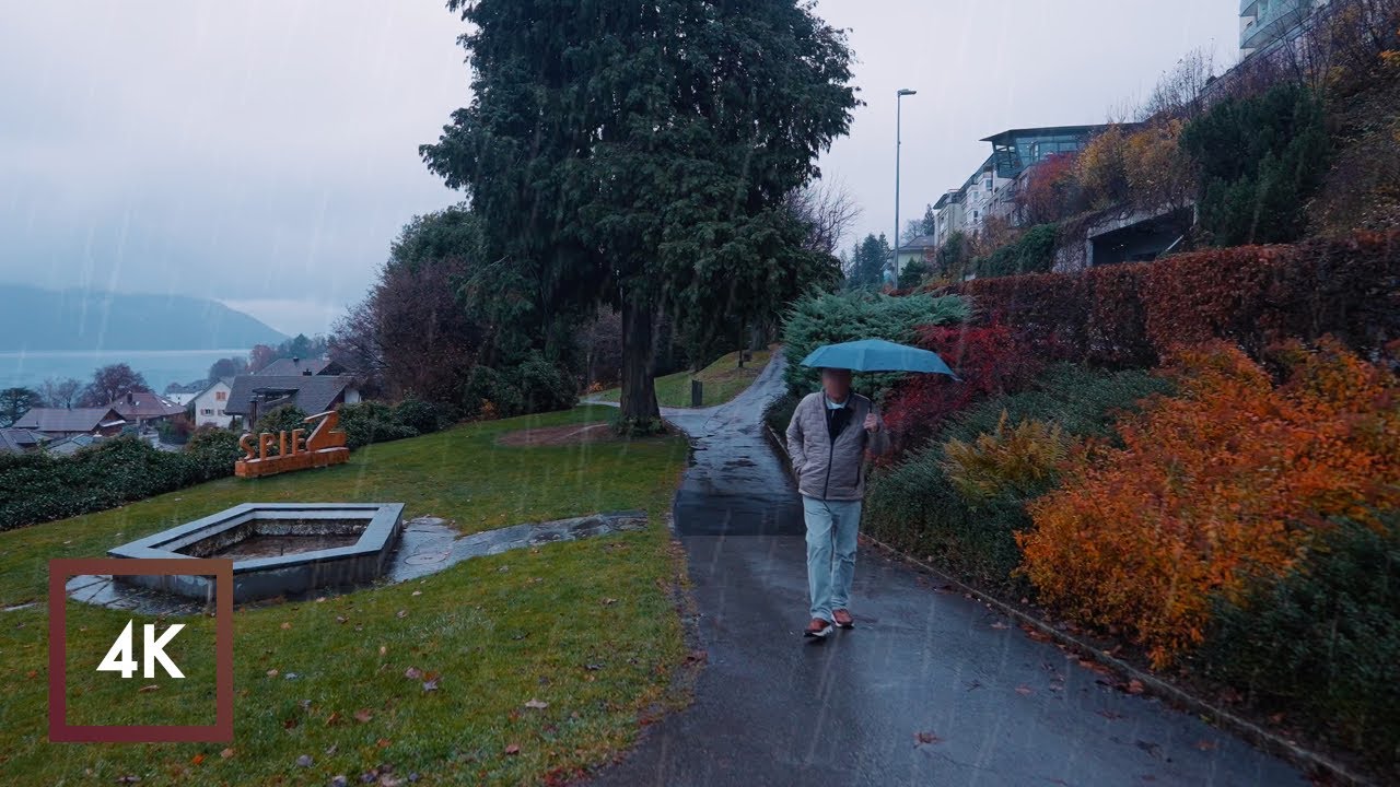 ⁣Rainy Morning Walk in Spiez, Switzerland, Autumn Colors, Lake Thun, 4K Rain