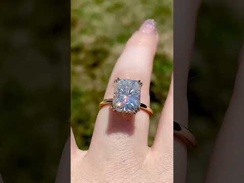 Double Prong Emerald / Radiant Moissanite Engagement Ring with Hidden Halo ring video