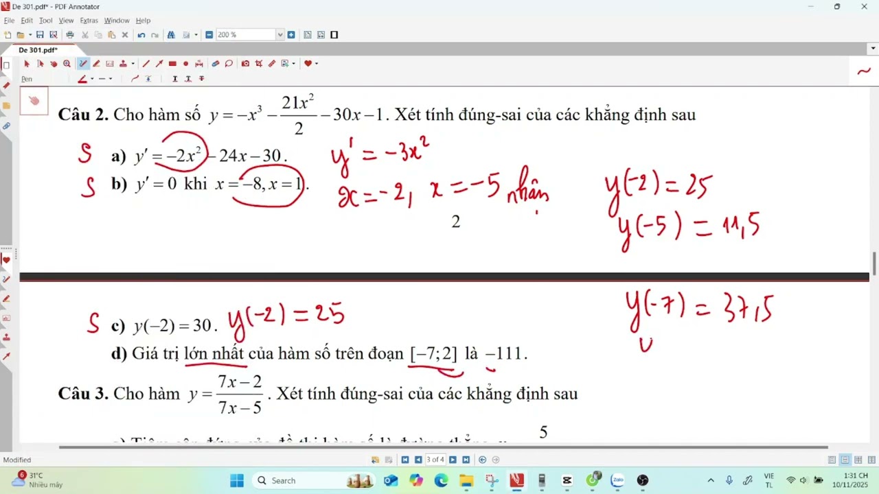 Hướng dẫn sửa đề 301- Phần II- Đúng sai câu 1,2,3