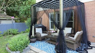 Make a Shade Canopy with Mosquito Net for the Patio!  Thrift Diving