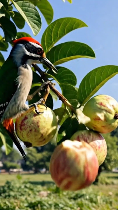 😂 The smart woodpecker plucked a big bunch of guavas #birdvideos #guava