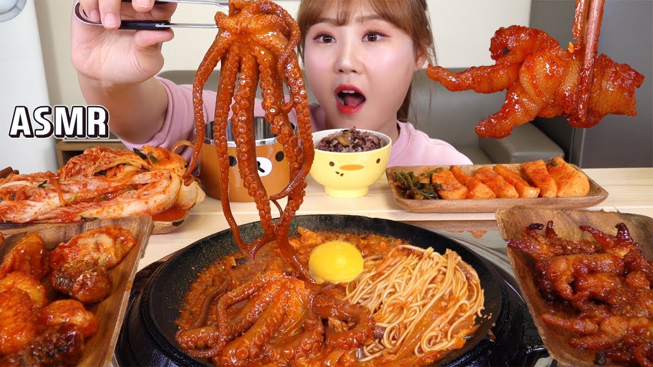 ASMR Mukbang｜낙지볶음 소면과 볶음밥, 매콤한 닭발과 만두튀김, 김말이 먹방!