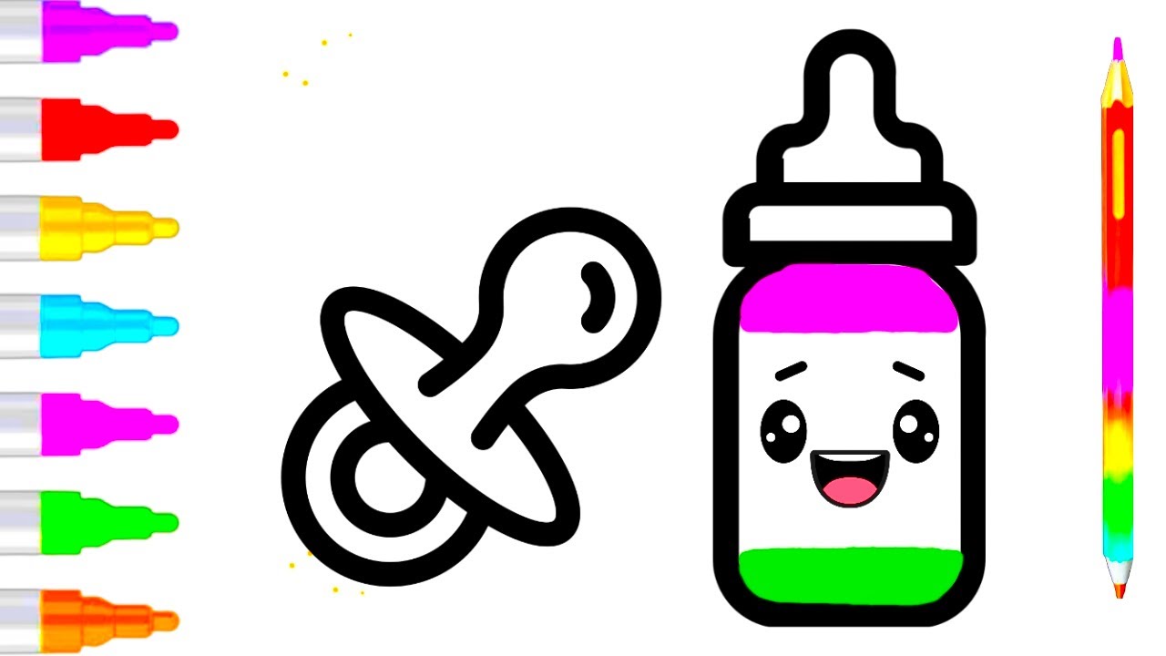 Cute Baby bottle 🍼 and Pacifier Drawing, Colouring for Kids | How to ...