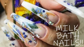 Milk Bath Acrylic Nails with REAL FLOWERS