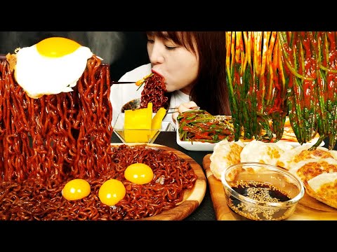 ASMR [COOKING & EATING] SPRING ONION KIMCHI AND BLACK BEEN NOODLES, DUMPLINGS. MUKBANG