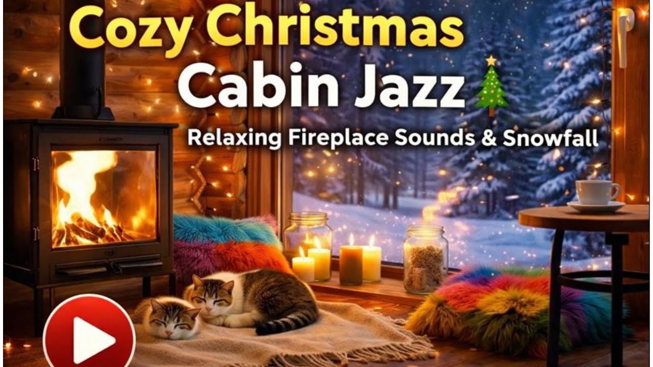 Cozy Christmas Cabin Jazz 🎄 Relaxing Fireplace Sounds & Snowfall Ambience