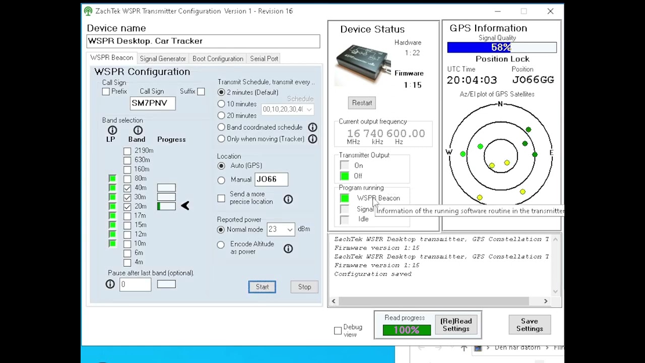 ZachTek WSPR Transmitter Setup 3 (Status and Information section)
