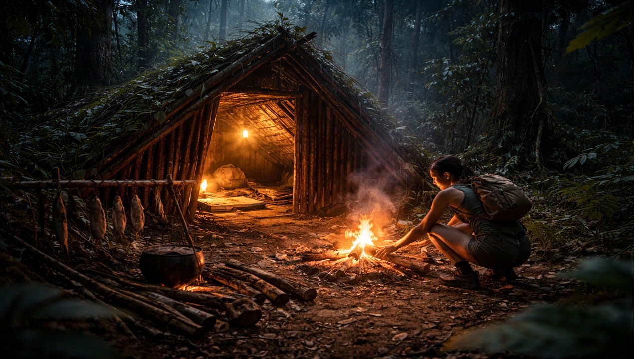 🎥 Night Terror! 😱 Building a Secret Shelter to Survive 🌑🌲