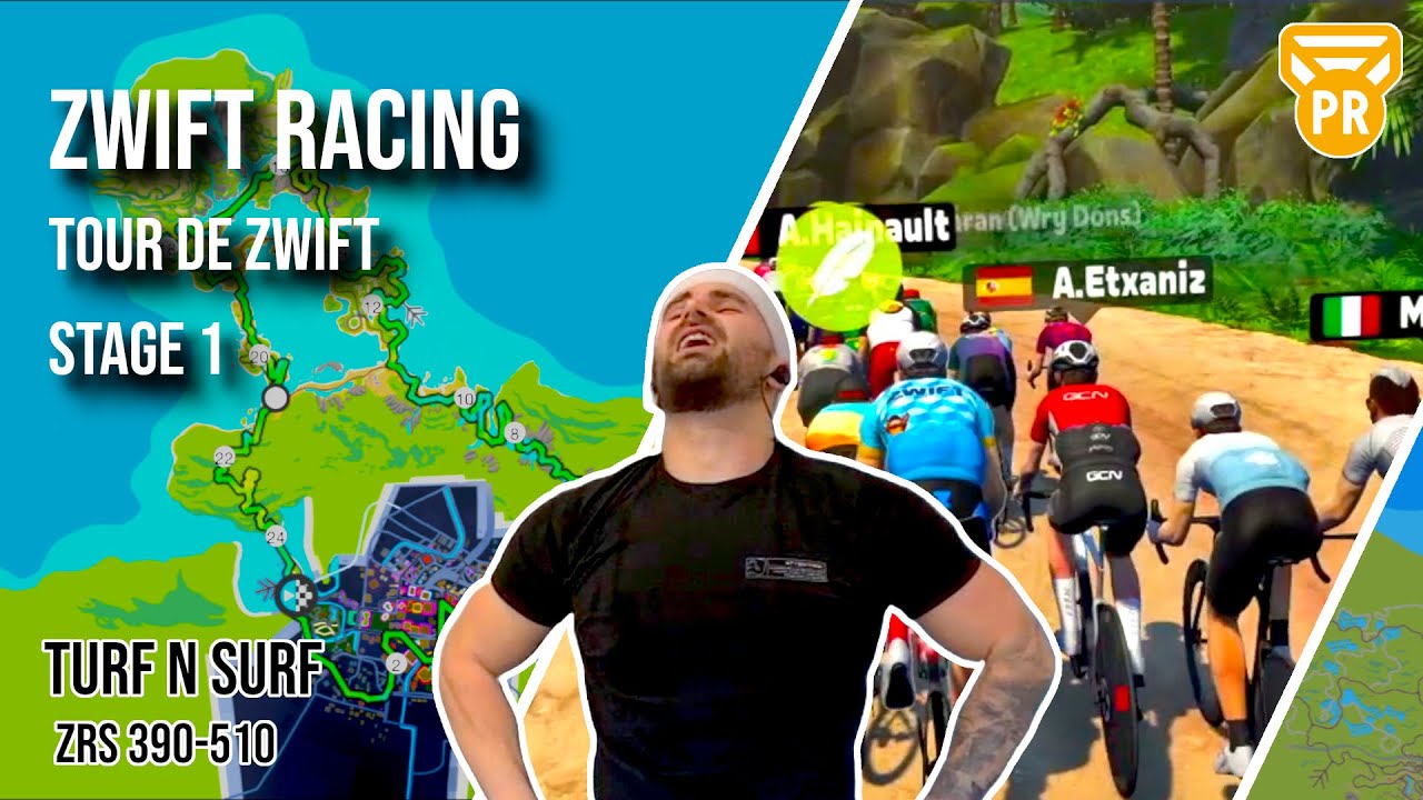 Surviving the Climbs, Then a Sprint Finish | Turf n Surf – Tour de Zwift Stage 1