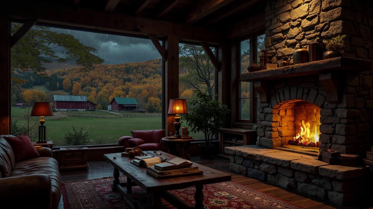 Hidden Cabin in a Rainy Forest Night ⛈️ Heavy Rain Sounds & Fireplace Crackling For Sleeping, Relax